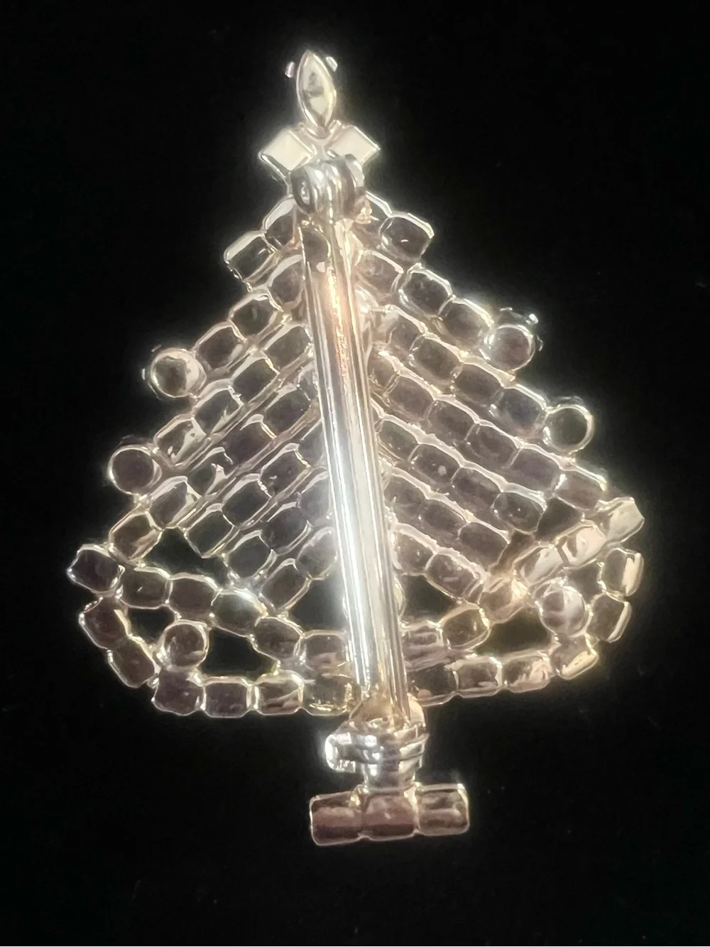 Vintage Crystal Rhinestone Christmas Tree Brooch with Red and Green Accents